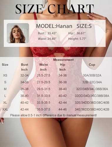 Avidlove Red Lingerie for Women V Neck One Piece Mini Babydoll Lace Bodysuit Wine Red XXL - Thumbnail 6