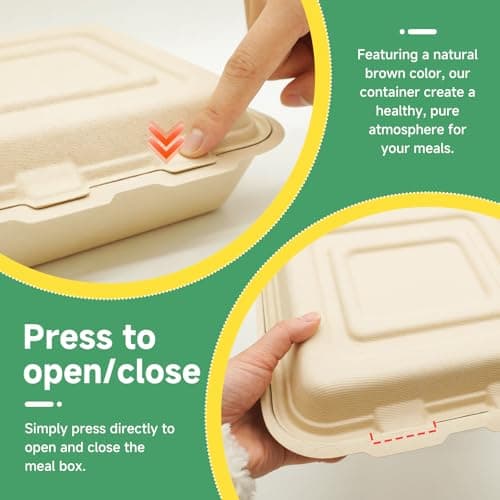 Clamshell Take Out Food Containers - 9x8 Inch Takeout Lunch Box Containers To Go Take Out Clamshell for Food, leftover containers with lids,Disposable Eco-Friendly Biodegradable, PFAS-Free (75) - Thumbnail 4