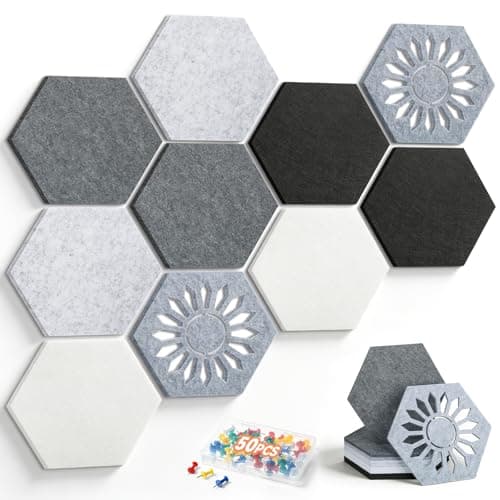 Fynnsilas 10 Pack Hexagon Felt Bulletin Board Tiles, 9mm Thick Pin Board with Unique Hollowed Wave Patterns, Traceless Nano Adhesive Backing, Decorative Wall Tiles with 50 Pins for Home & Office - Image 1