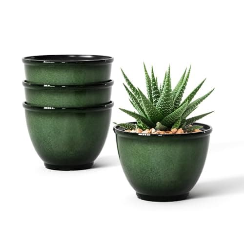 Vanslogreen 8 Inch Plastic Plant Pots, Set of 4 Flower Pots Planters with Drainage Hole, Glossy Smooth Finish Planter for Indoor Outdoor Succulent Snake Plants (Green)