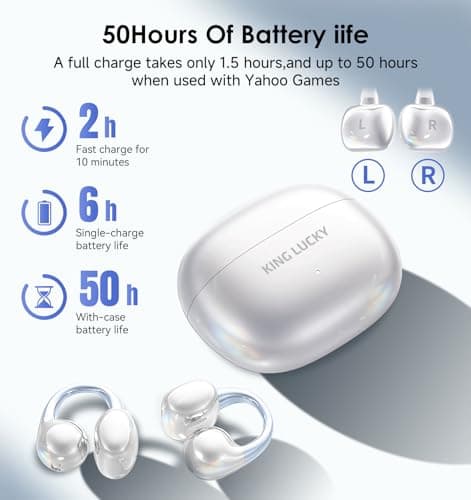 King Lucky Clip-On Earbuds Gen 3, Open-Ear Wireless Bluetooth 6.0 Headphones with Mic, Secure Fit for Small Ears & Glasses Wearers, 50H Playtime, ENC, IPX5 Waterproof Sport Ear Buds (White) - Thumbnail 6