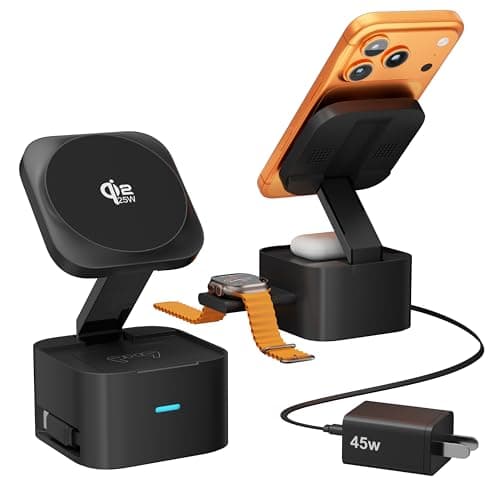 Foldable 3-in-1 Charging Station for Apple Devices, Qi2.2 25W MagSafe Charger Stand, Magnetic Wireless Charger for iPhone 17/16/15/14/13/12/Air Series, Apple Watch & AirPods (with 45W PD Adapter) - Image 1