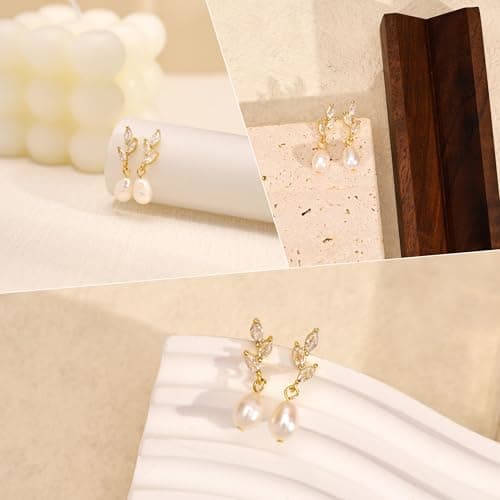 Wedding Earrings for Brides:Gold Pearl Dangle Drop Earrings Gold Jewelry - Thumbnail 6