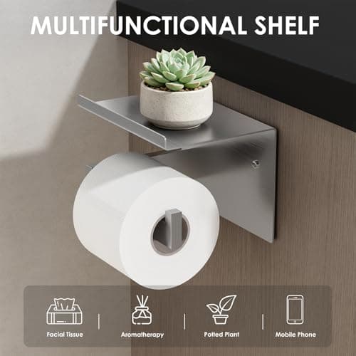Auxmir Self Adhesive Toilet Paper Holder with Shelf, Premium SUS304 Stainless Steel Rustproof Wall Mounted Toilet Roll Holder, Toilet Tissue Holder for Bathroom Shower Washroom Kitchen RV, Silver - Thumbnail 3