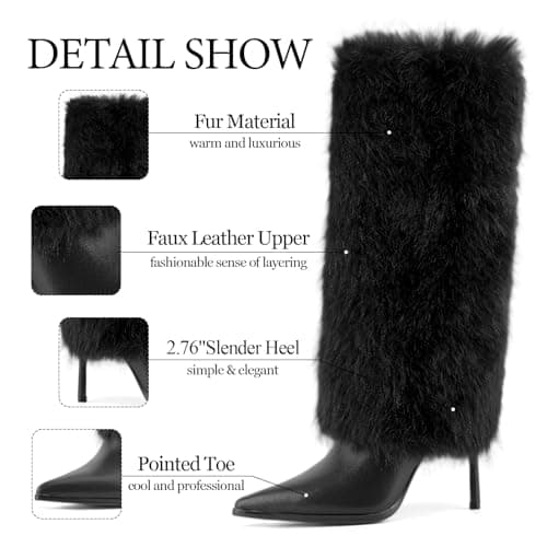 QIV Black Fur Knee High Boots women Pointed Toe Stiletto Winter Fashion Tall Boot for Women Size 7.5 - Thumbnail 5