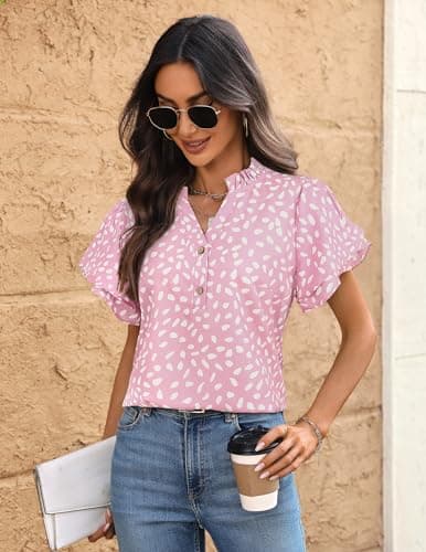 LOOKBOHO Blouse for Women Dressy Casual Ruffle Short Sleeve Boho Tops Fashion V Neck Pink Dot Button Down Shirts Summer S - Thumbnail 6