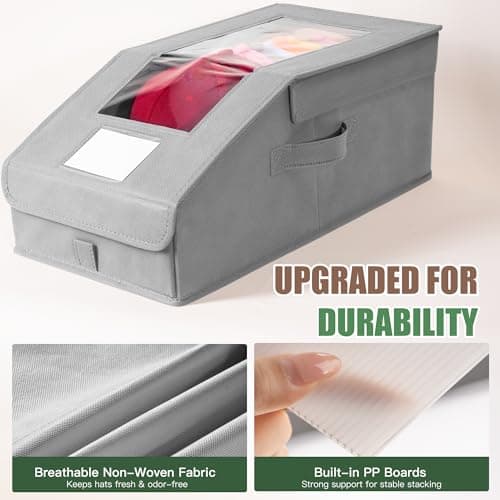 Stowsia Hat Organizer for Baseball Caps, 2 Pack Stackable Hat Storage Boxes with Clear Window, Holds up to 28 Caps, Foldable Hat Organizer for Closet & Shelf, Grey - Thumbnail 5