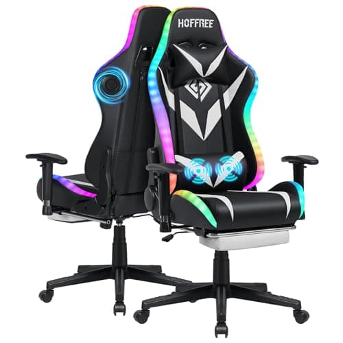 HOFFREE Gaming Chair with Bluetooth Speakers and Led Lights Massage Video Game Chair with Footrest Reclining High Back Computer Gamer Chair White and Black