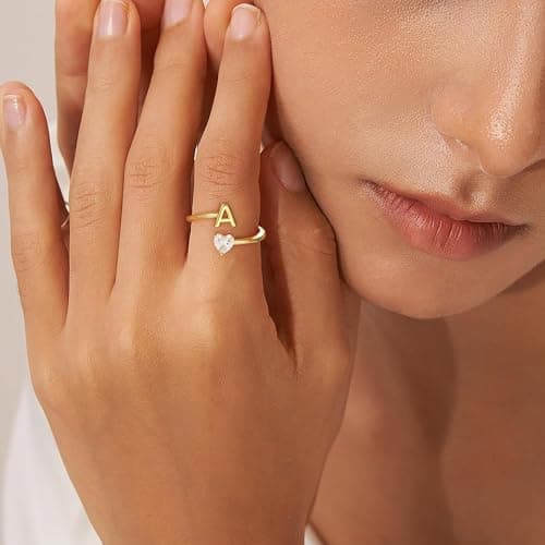 Fezodo Initial Rings for Women Non Tarnish - 18K Gold Plated Initial V Ring Adjustable Heart Cubic Zirconia Rings for Women Gold Jewelry Gifts - Thumbnail 2