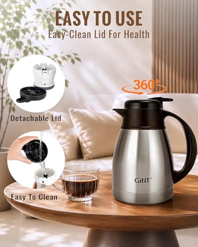 GiNT Insulated Coffee Carafe 34 Oz, Small Stainless Steel Flask for Hot Coffee with Fully Washable Detachable Lid, Portable Thermal Pitcher One-Hand Push Button Tea Dispenser for Travel Camping Office - Thumbnail 4