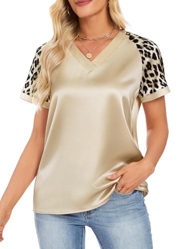 Funlingo Womens Satin Silk Leopard Print Tops Color Block Short Sleeve Shirts Dressy Casual Blouses V Neck Fashion Summer Outfits Vacations Beige M - Thumbnail 2