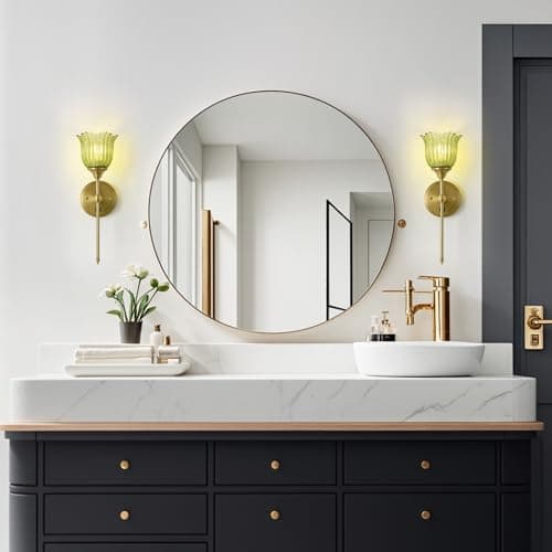 BOXCUPIN Modern Wall Sconces Set of 2 with Green Flower Glass Shade, Mid Century Bathroom Vanity Wall Light Fixtures Gold Vintage Wall Lights with Switch for Mirror Bedroom Living Room - Thumbnail 4