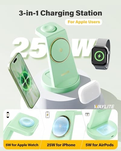 3 in 1 Fast Charging Station for iPhone, 25W Wireless Magnetic Phone Charger for iPhone 17 16e 16 15 14 13 12 Serise, Watch Charger Stand, Wireless Charging Station for AirPods 4 3 Pro, Green - Thumbnail 2