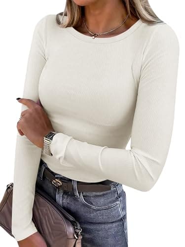ANRABESS Women Long Sleeve Shirts Rib Knit Slim Fit Tops Basic Tee Spring Outfits Casual T-Shirt Underscrubs Layer Clothes Parchment Large - Image 1