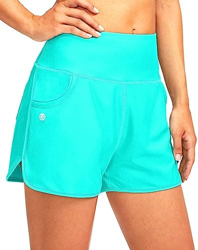 G Gradual Women's 3" High Waisted Swim Board Shorts with Pockets Quick Dry Swimsuit Bottoms Bathing Suit for Women with Liner(Cyan,S) - Image 1