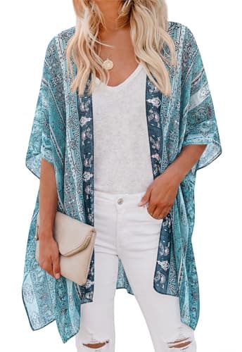 PRETTYGARDEN Swimsuit Coverup for Women Summer Tropical Floral Kimono Cardigans for Women Lightweight Beach Vacation Outfits (Lake Blue Floral, Medium) - Image 1