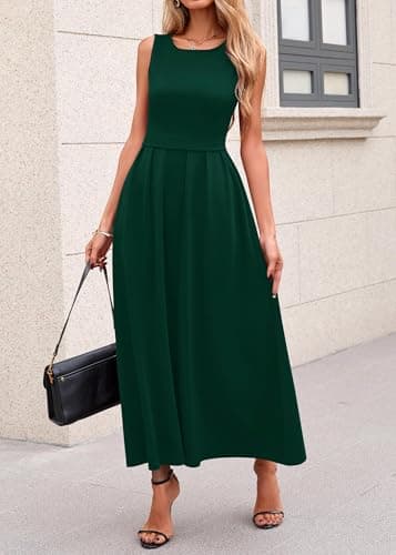 Lazysmile Summer Sleeveless Maxi Dresses for Women Mock Neck Pleated A Line Formal Cocktail Wedding Guest Dress DarkGreen - Thumbnail 3