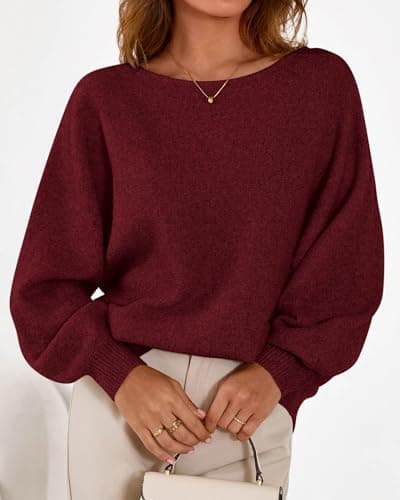 KIRUNDO Sweaters for Women Fall Winter 2026 Oversized Boat Neck Batwing Sleeve Knit Pullover Sweater Tops Fashion Clothing(Burgundy, Large) - Thumbnail 5