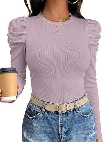 ANRABESS Womens Puff Long Sleeve Shirts, Comfy Stretchy Ribbed Knit Fitted Tops, Trendy Fall Winter Tee for Work & Casual Purple X-Small - Image 1