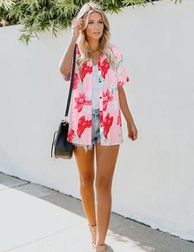 LILYCHIC Women's Hawaiian Shirts Outfits Luau Party Tropical Tops Blouses Summer Beach Vacation Plus Size Button Down Up Floral Pink, L - Thumbnail 4