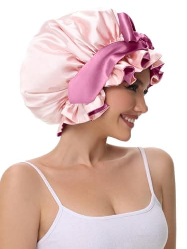 Vettres Bonnet for Sleeping, Satin Silk Hair Shower Cap Women 2026 Tie Band Adjustable Straps Head Wrap for Curly Hair Pink F - Thumbnail 6