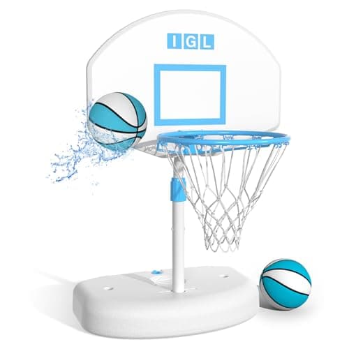 IGL Poolside Basketball Hoop, Swimming Pool Basketball Hoop with 28 Inch Backboard, Height Adjustment Pool Basketball Goals with Stainless Steel Rim, Includes 2 Balls & Pump
