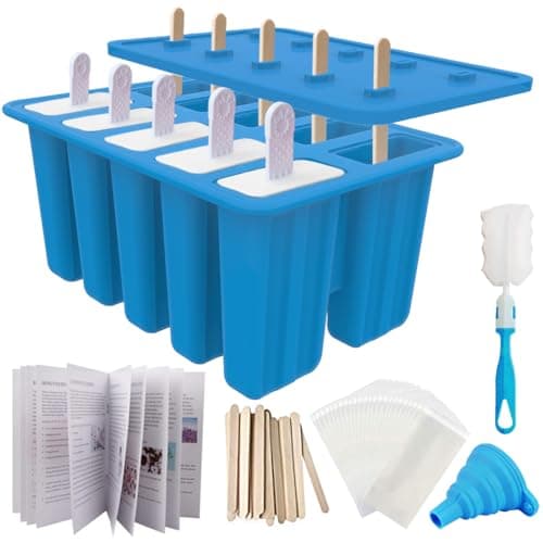 Miaowoof Homemade Popsicle Molds, 10-Cav Non-BPA Silicone Ice Pop Maker, with 50 Sticks, 50 Bags, 10 Reusable Sticks, Funnel, Brush and Ice Pop Recipe (Blue) - Image 1