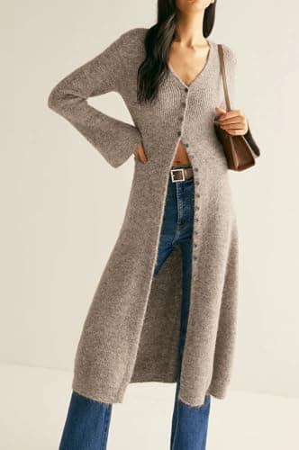 Jenisso Womens V-Neck Button Maxi Cardigan Bell Long Sleeve Open Front Split Breasted Sweater Dress Light Brown - Thumbnail 4