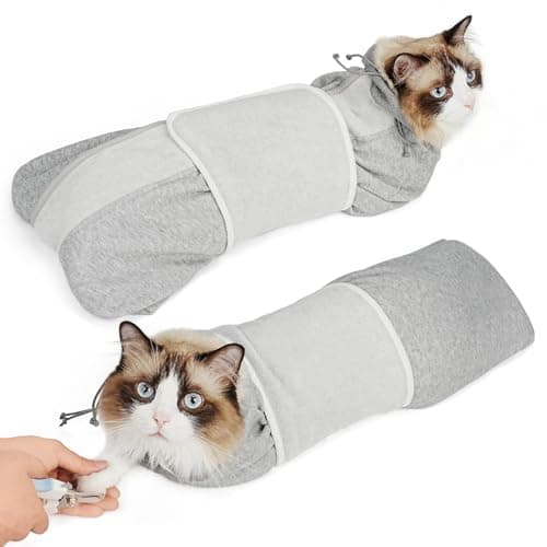 Supet Cat Grooming Wrap for Cutting Nails, Self-Adhesive Anti-Scratch Swaddle with Bite-Proof Mesh Hood & Thick Waist Strap Anti-Escape Bag for Nail Trimming, Medication, Ear Cleaning (Grey S) - Image 1