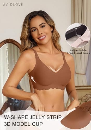 Avidlove Bras for Women No Underwire Full Coverage Bralettes Seamless Everyday Bra V Neck T Shirt Brassiere Coffee XXL - Thumbnail 3