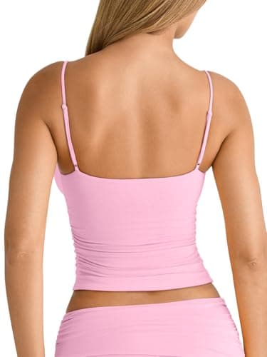PINKMSTYLE Trendy Womens V Neck Crop Tank Top Double Layer Spaghetti Strap Adjustable Slim Fit Going Out Party Summer Top Spft Pink X-Large - Thumbnail 6