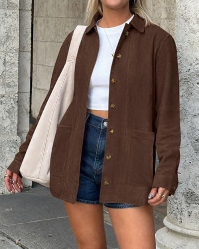 BTFBM Faux Suede Jacket Women Fall Fashion 2026 Leather Jackets Long Sleeve Button Down Winter Coats Shackets Outerwear(Coffee, Medium) - Thumbnail 3