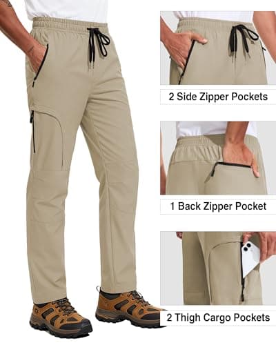 AGVNG Hiking Pants Men Cargo Pants 5 Pockets Water Resistant Lightweight Quick Dry UPF 50+ Elastic Waist Drawstring Cuff Tactical Work Casual Athletic Running Khaki S - Thumbnail 5