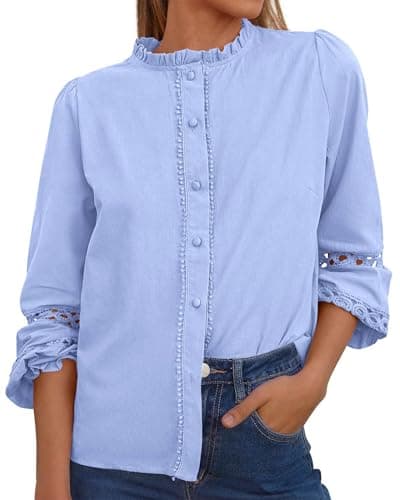KIRUNDO Going Out Tops for Women 2026 Spring Fashion Boho Cotton Eyelet Long Sleeve Button Up Shirt Lace Dressy Casual Blouse(Light Blue, Large) - Image 1