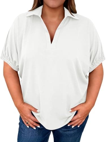 Beautife Plus Size Summer Tops for Women Casual Collared V Neck Polo Shirts Side Slit Short Sleeve Blouses White - Image 1