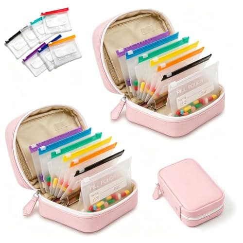 NeLiangIA 2 Pack Pink Weekly Pill Organizer, Waterproof Travel Pill Organizer with 7 Color Pouches, Pastilleros para Medicamentos, Travel Medicine Organizer for Gift & Family Use