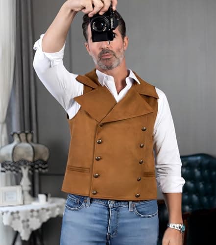 Ceehuteey Mens Suit Suede Double Breasted Vest Classic Groomsmen Wedding Waistcoat Leather Big Lapel(XL,Coffee), Large - Thumbnail 3