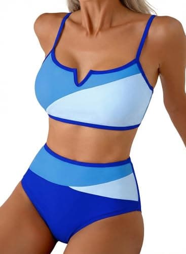 Herseas Women High Waisted Bikini Sets V Wire Removable Pad Color Block Popular Swimsuits Contrast Binding 2 Piece Bathing Suits 2026 Summer Cruise Essentials Beachwear Blue Large - Image 1