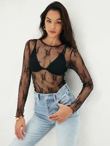 MEROKEETY Womens Long Sleeve Lace Sheer Mesh Top 2025 Crewneck Sexy Y2k See Through Going Out Blouse Shirts, Black, XX-Large - Thumbnail 4