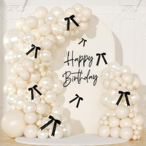 White Sand Balloon Arch Kit 141 Pcs Cream Beige Balloons Garland Arch Kit with Black Bow for Coquette Birthday Wedding Baby Shower Bridal Shower Decorations - Image 1