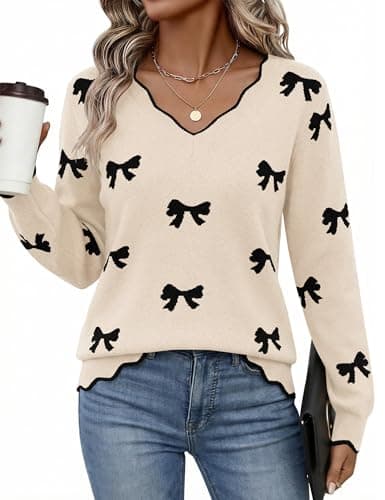 LaGracia Womens Fall V Neck Sweater 2026 Lightweight Casual Long Sleeve Ribbed Knit Pullover Sweaters Dressy Fall Outfits Apricot-Bow XL