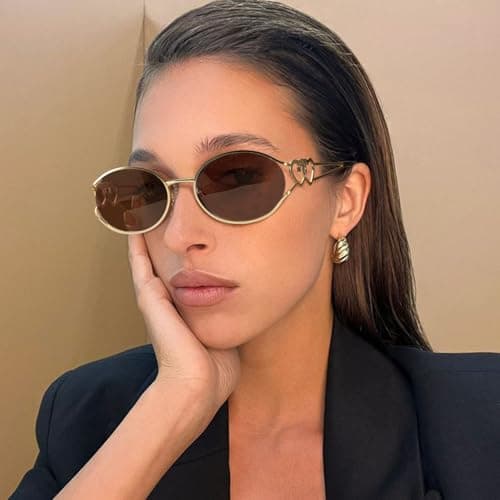 SODQW Retro Oval Sunglasses for Women Trendy Metal Frame Round Designer Sun Glasses with Heart Accents UV Protection - Thumbnail 2