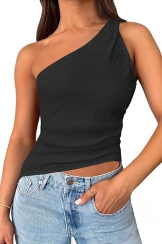 Cicy Bell Womens One Shoulder Tank Tops Summer Going Out Tops Ruched Asymmetrical Sleeveless Shirts Black - Image 1