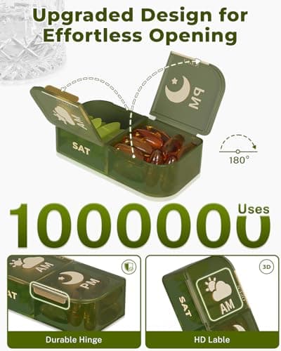 Weekly Pill Organizer 2 Times a Day, 7 Day AM/PM Pill Box, Portable Medication Dispenser with Child-Resistant Latch, BPA-Free, Travel, Office, Pets, Emergency Use (Green) - Thumbnail 2