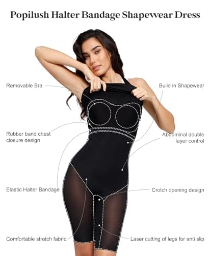 Popilush Shapewear Dress Halter Dress with Build in Shapewear Blue Casual Date Night Out Dress for 2024 Summer - Thumbnail 4