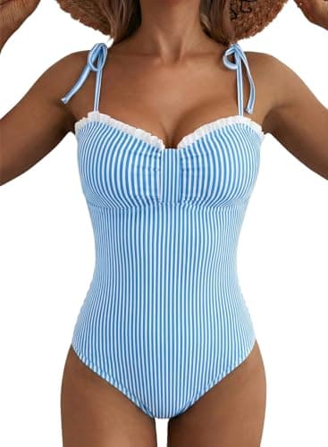 Herseas Womens Tummy Control One Piece Bathing Suits High Cut Striped Bathing Suit Tie Shoulder Swim Suits Classic 2026 Summer Cruise Outfits Beachwear Sky Blue Stripe Medium - Image 1