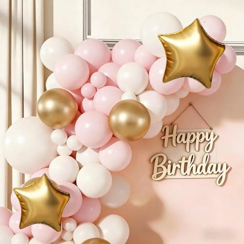 Pink White Gold Balloon Arch Garland Kit 143Pcs Pink White Metallic Gold Latex Balloons with Star Foil Balloons for Wedding Bridal Shower Birthday Party Decorations - Thumbnail 5