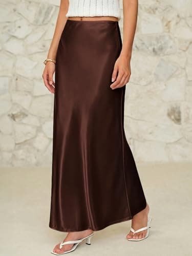 LORJIO Women's Satin Maxi Skirts Dressy Casual 2026 Spring High Waisted Flowy Long Silk A Line Elegant Formal Work Midi Skirts Chocolate Brown L - Thumbnail 2
