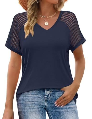 JUSTFASHIONNOW Short Sleeve Blouses for Women Cute Summer Tops Dressy Casual V Neck Tshirts 2026 Trendy Spring Clothes（Navy Blue,Large - Image 1