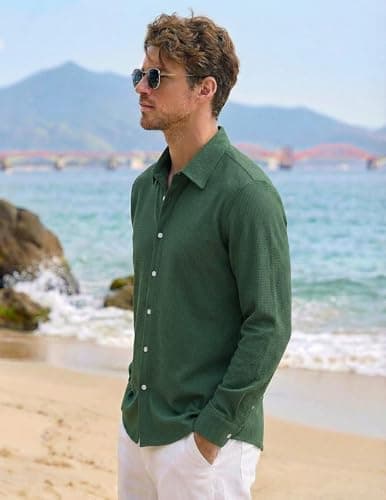 ZAFUL Vacation Men Shirt Mens Business Casual Shirts Slim Fit Business Casual Outfits Dark Green S - Thumbnail 3
